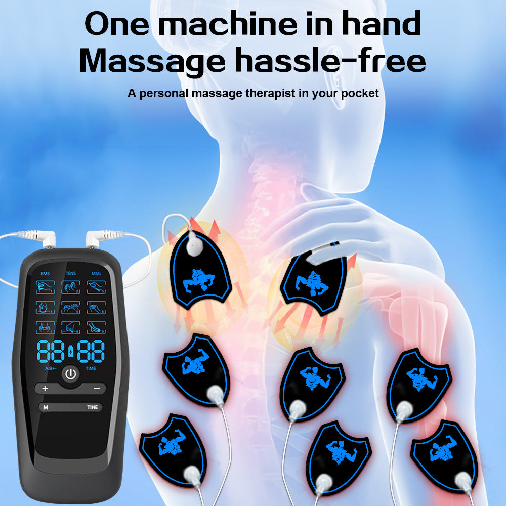 Portable massage device with digital display and electrodes on a body silhouette against a blue background.