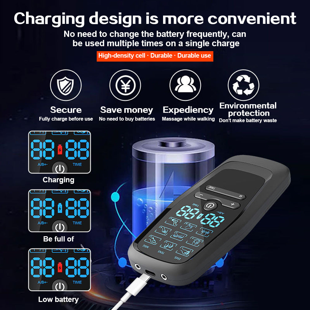 Electronic device with charging indicators and text about its convenience and features on a dark background.