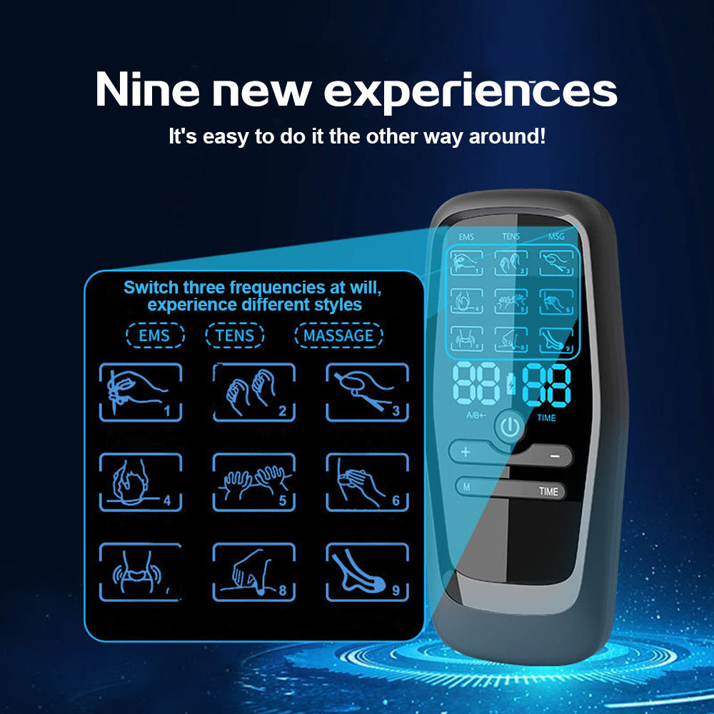 Electronic device with digital display and buttons on a dark blue background