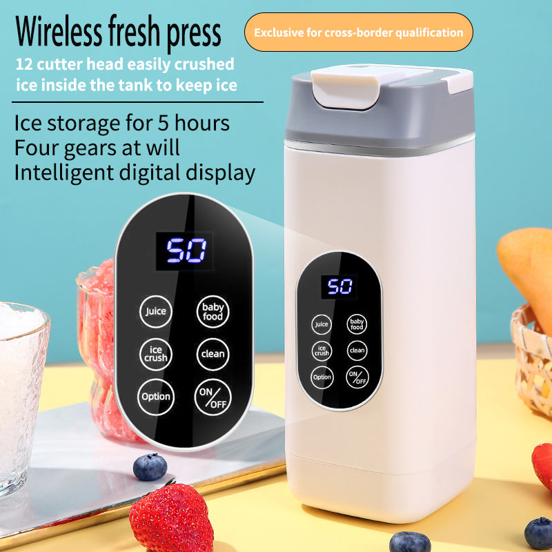 Wireless fresh press with digital display on a table with fruits and a blue background