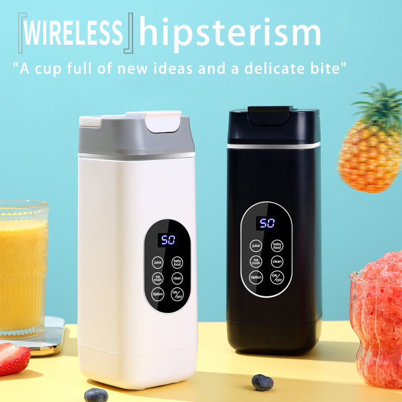 Two insulated travel mugs with digital displays on a colorful background with fruits and a glass of juice.