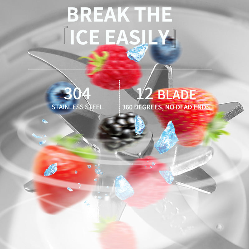 Icebreaker tool with 12 blades and stainless steel properties, surrounded by ice cubes and strawberries.