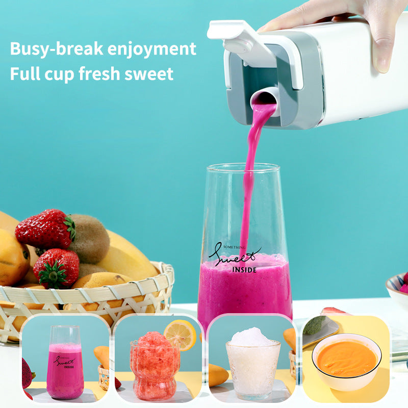 Pink smoothie being poured into a glass with a blue background and fruit basket.