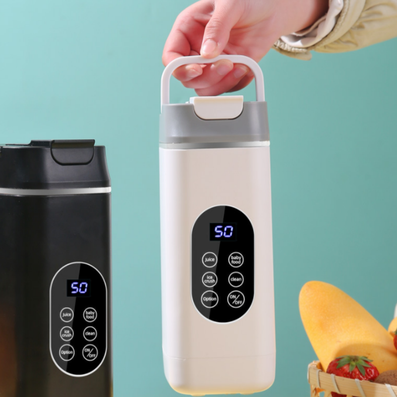 Two electric blenders, one black and one beige with digital display, on a teal background.