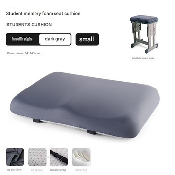 Dark gray memory foam seat cushion with product details on a white background