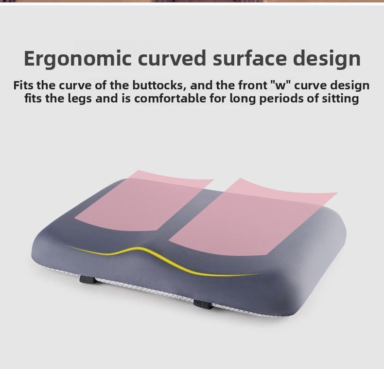 Ergonomic cushion with pink and gray design on a white background