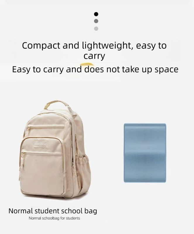 Beige backpack with text about its compactness and ease of carrying, on a white background.