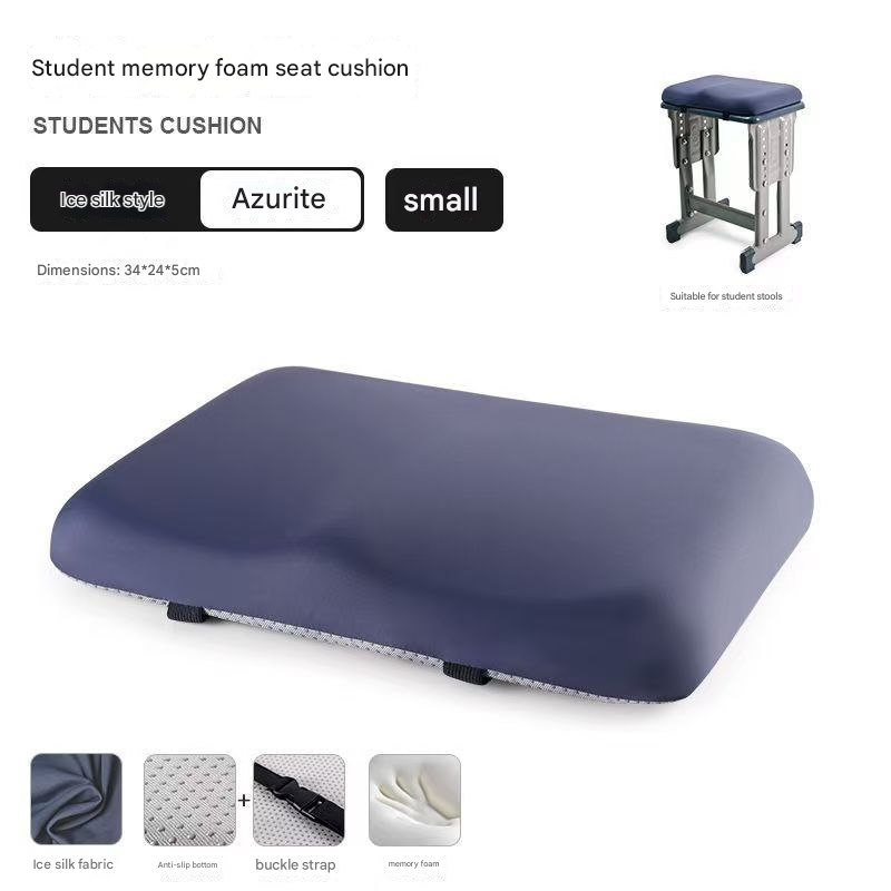 Navy blue memory foam seat cushion with product details on a white background