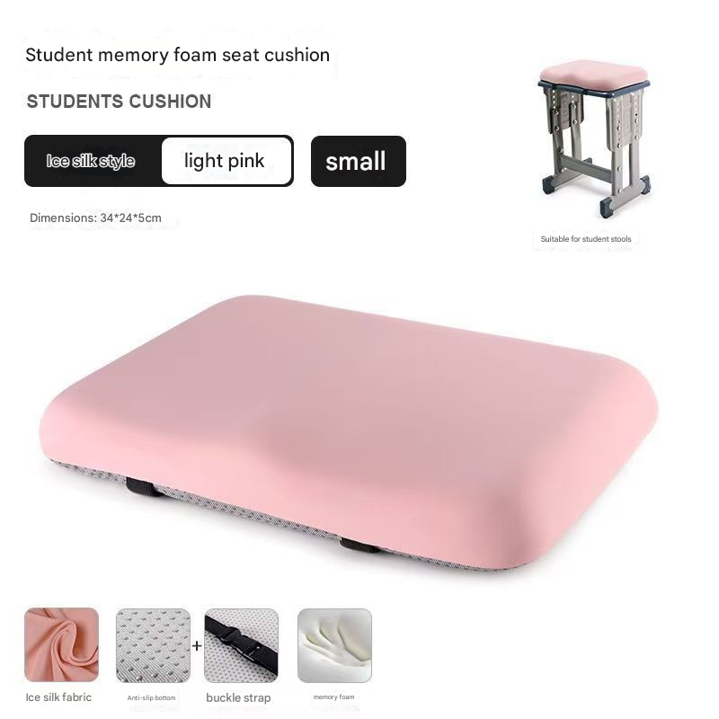 Pink student memory foam seat cushion with product details on a white background