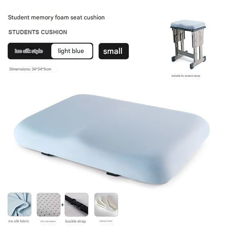 Light blue memory foam seat cushion with product details on a white background