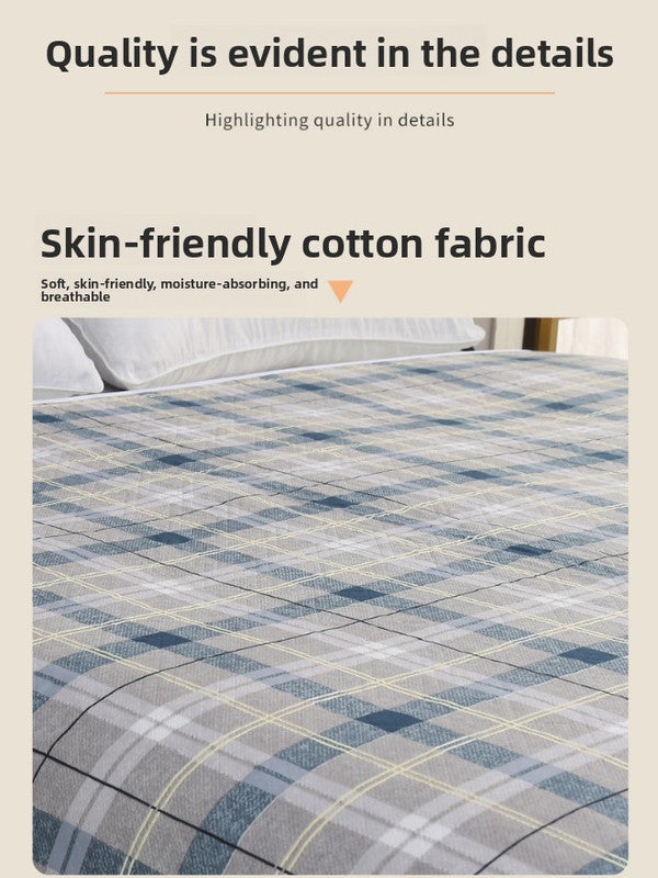 Text on skin-friendly cotton fabric with a checkered pattern and soft texture.