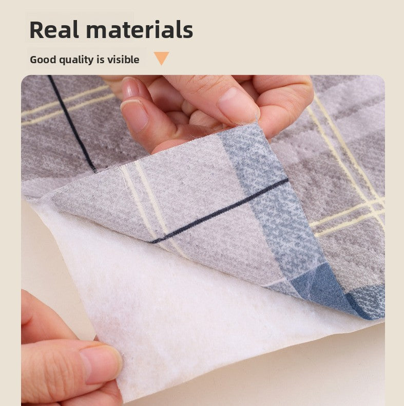 Plaid fabric sample held by hands with text 'Real materials' and 'Good quality is visible'.