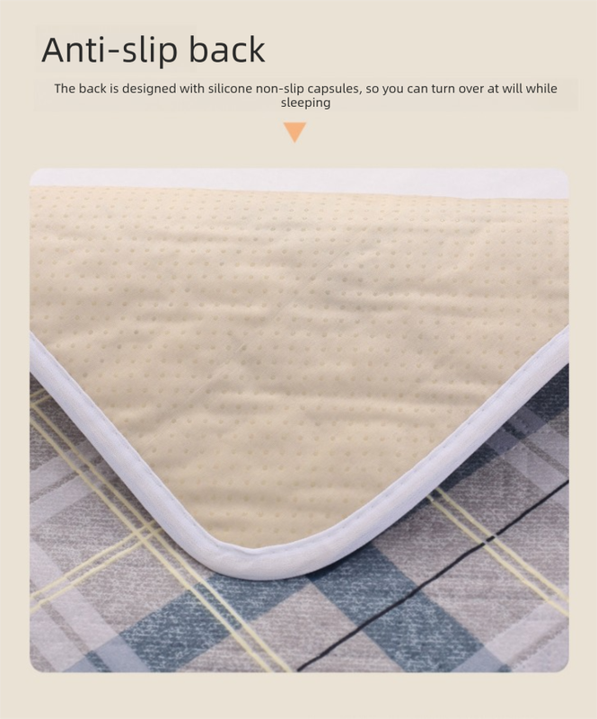 Text on an anti-slip mattress pad with a close-up of the product's surface.