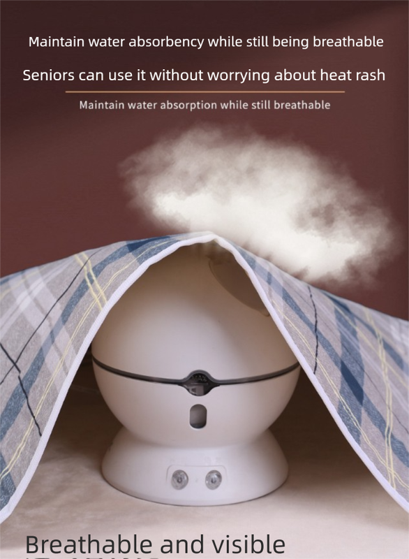 White humidifier with a plaid cover on a brown background, featuring text about water absorbency and breathability.