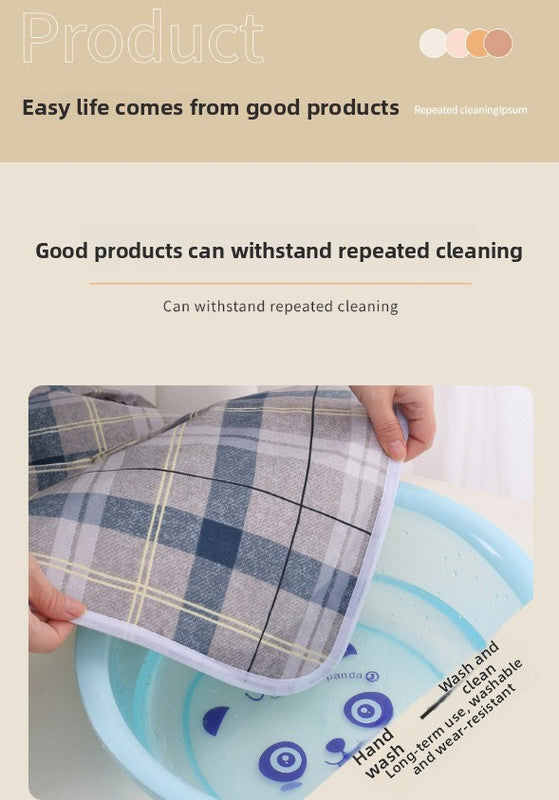 Product packaging with a checkered cloth and text about durability and washing instructions.