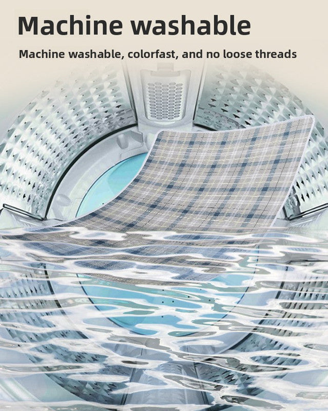 Plaid fabric in a washing machine with text highlighting machine washable properties.