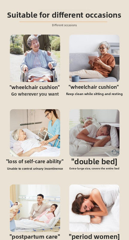 Product advertisement showing various uses of a wheelchair cushion, including different occasions like loss of self-care ability, double bed, and postpartum care.