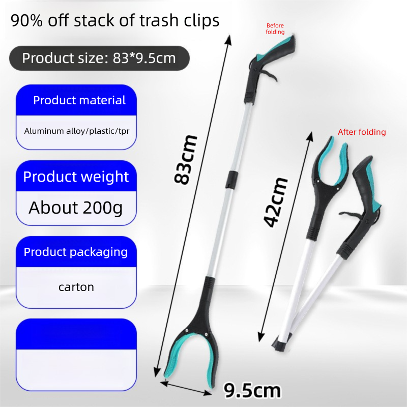 Folding trash clip with dimensions and product details on a white background