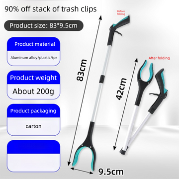Folding trash clip with dimensions and product details on a white background