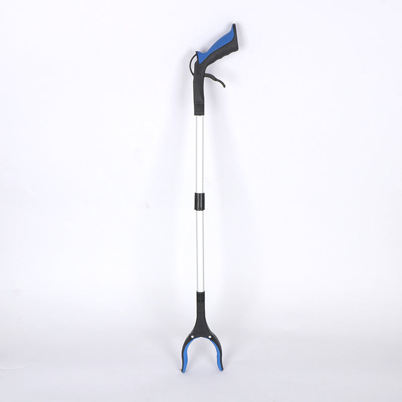Retractable blue and black pole with a handle on a white background