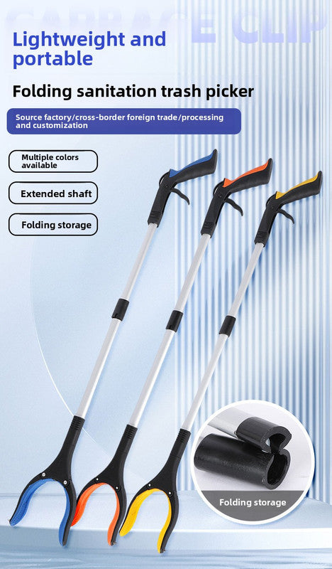 Folding sanitation trash picker with extended shaft and folding storage feature on a blue background.