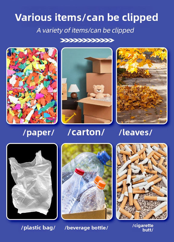 Collage of various items including paper, carton, leaves, plastic bag, beverage bottle, and cigarette butt with text on a blue background.