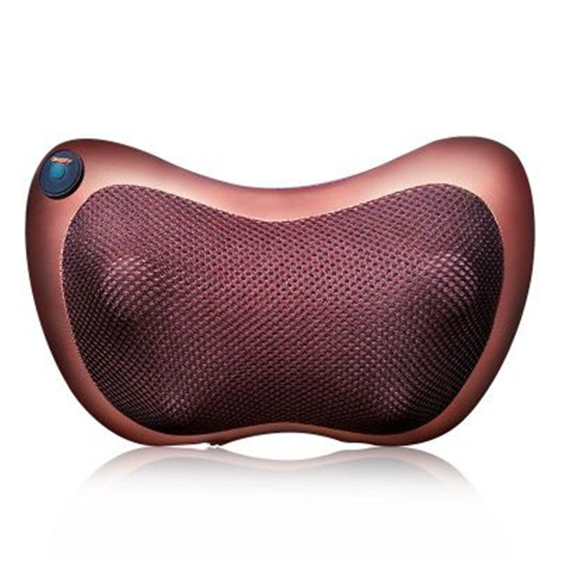 Copper-colored massage pillow with a blue button on a white background