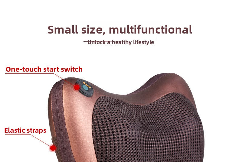 Massage pillow with one-touch start switch and elastic straps on a white background
