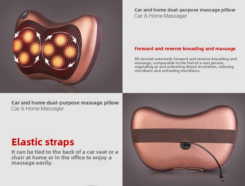 Car and home dual-purpose massage pillow with elastic straps on a gray background