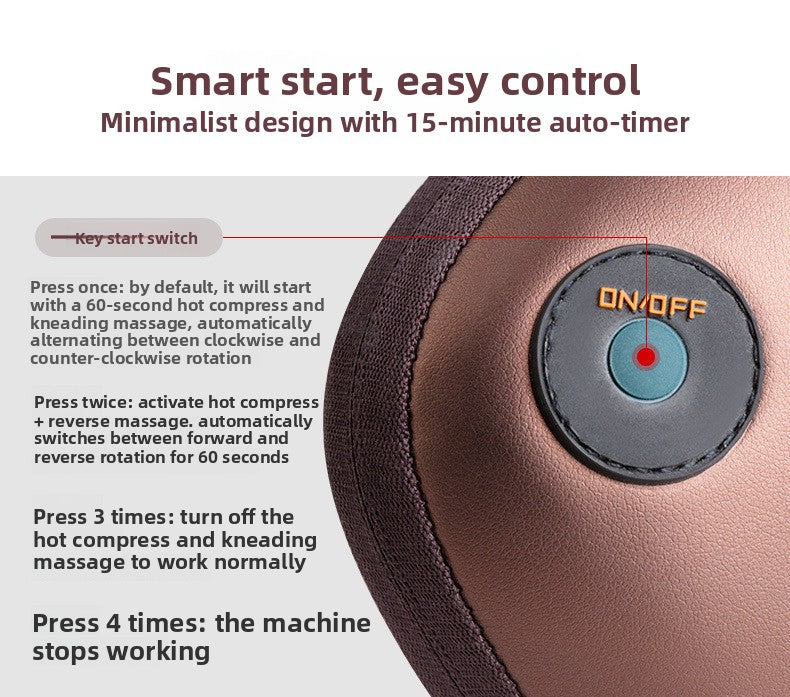 Control panel of a massage device with text on smart start and control features.