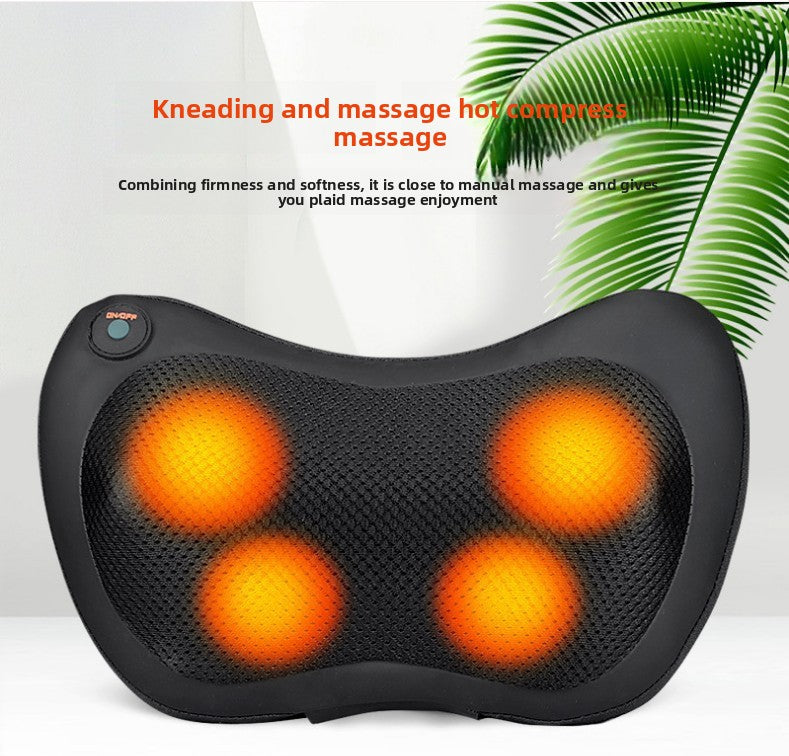 Black kneading and massage hot compress pillow with glowing orange heating elements on a white background.