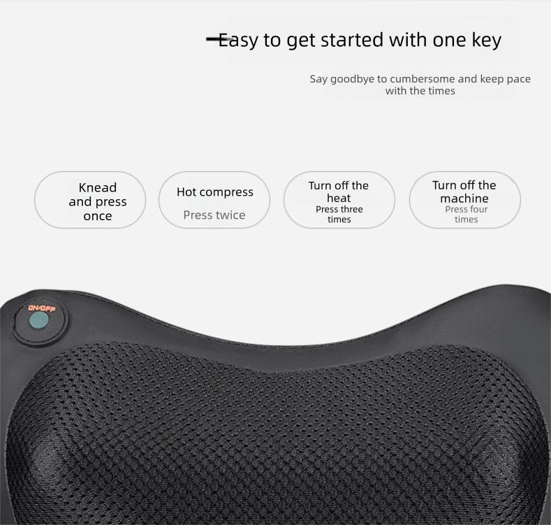 Black massage pillow with control buttons and usage instructions on a white background