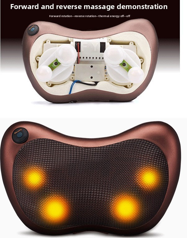 Massage pillow with internal components and glowing lights on a white background