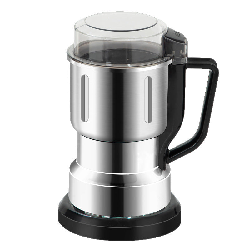 Stainless steel and black coffee grinder on a white background