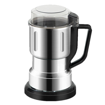Stainless steel and black coffee grinder on a white background