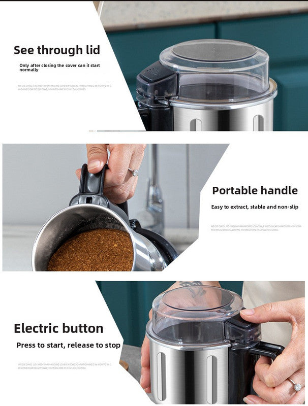 Coffee grinder with see-through lid, portable handle, and electric button features.
