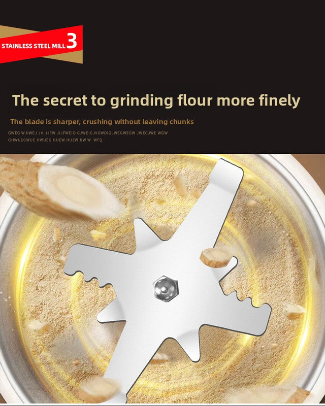 Stainless steel mill with flour being ground, highlighting the product's efficiency.