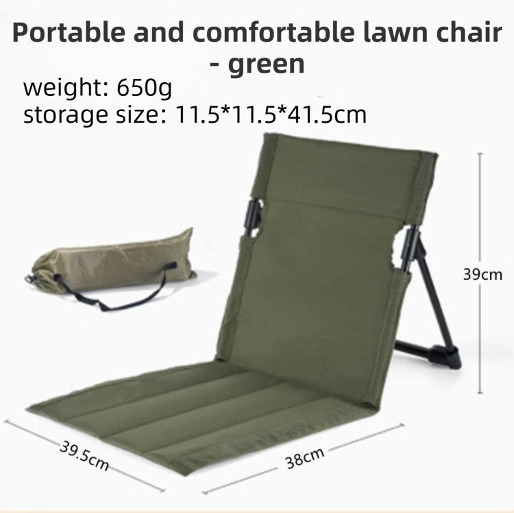 Green portable lawn chair with dimensions and weight information on a white background