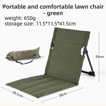 Green portable lawn chair with dimensions and weight information on a white background
