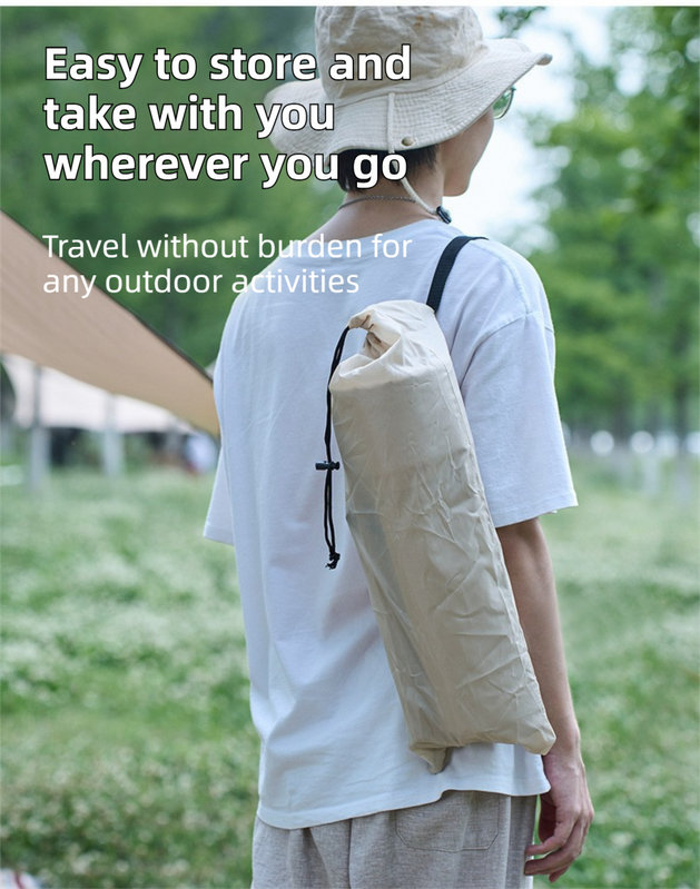 Person with a beige backpack in a park, text about easy storage and travel.