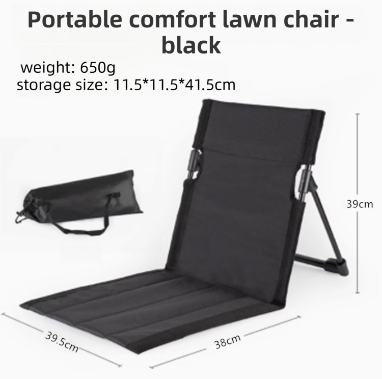 Black portable comfort lawn chair with dimensions and weight information on a white background