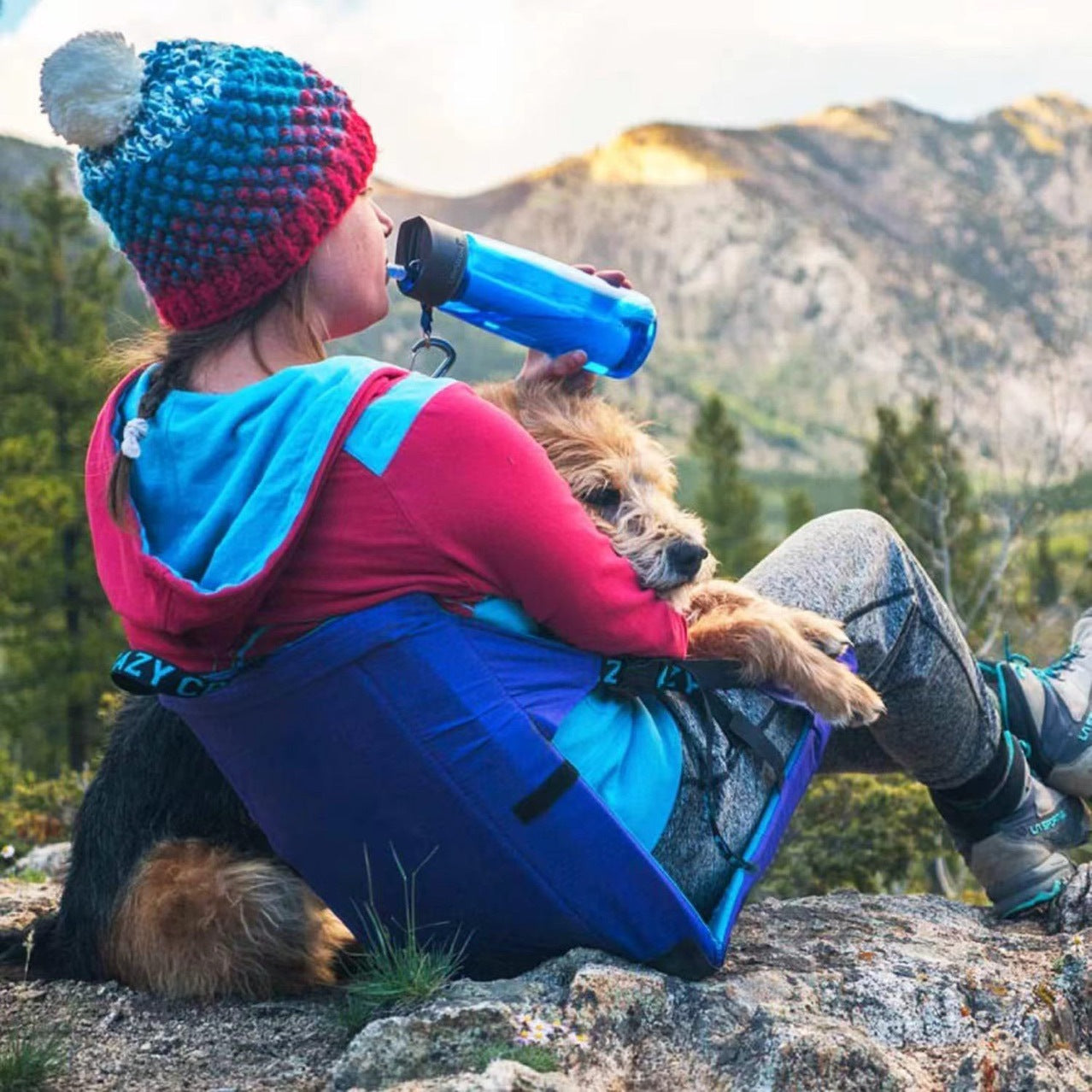 Person and dog sitting on a rock with mountains in the background