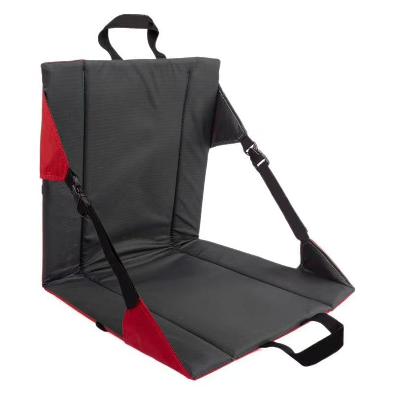 Black and red stadium seat with straps on a white background
