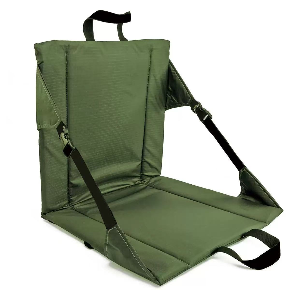 Green folding seat with straps on a white background