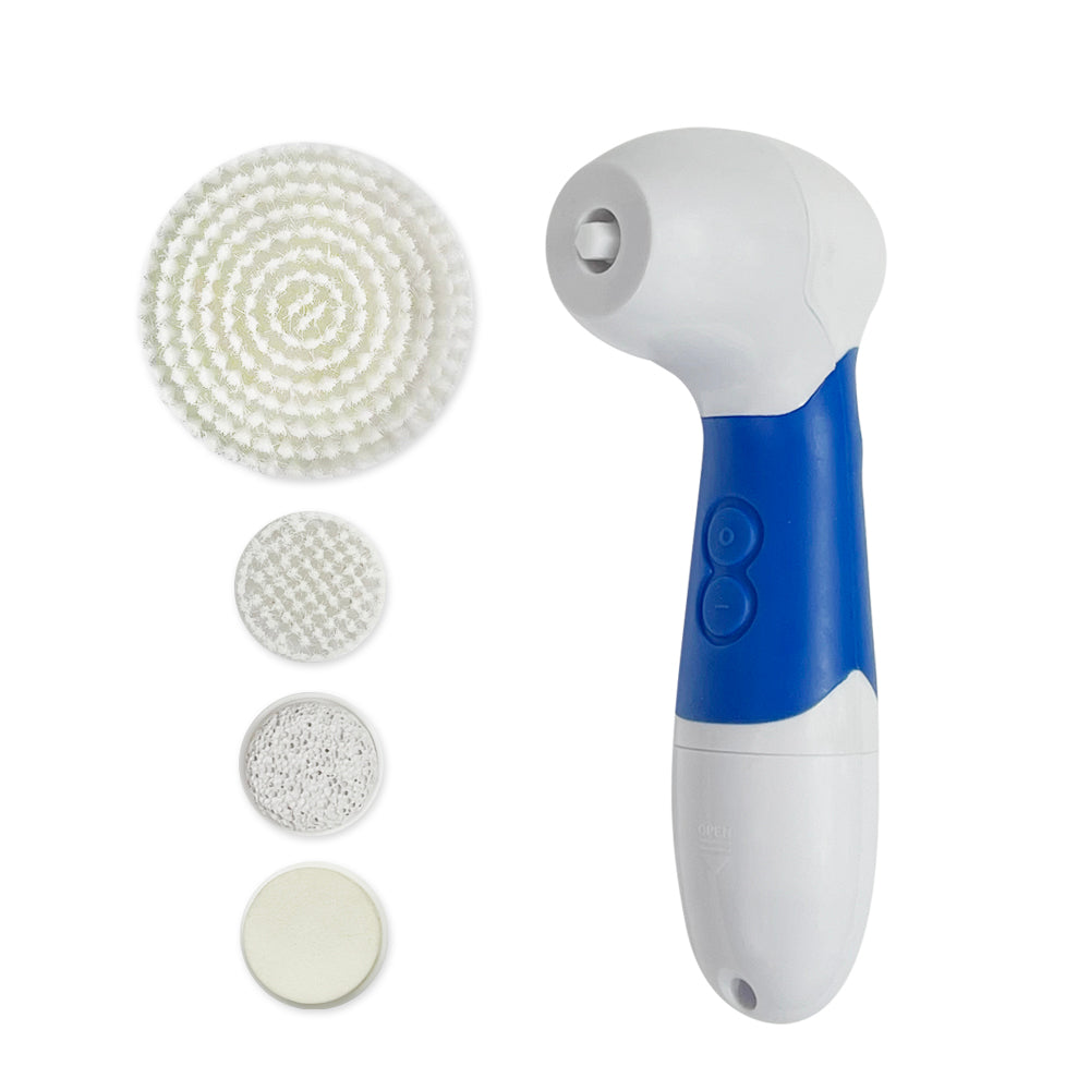 Blue and white electronic device with interchangeable heads on a white background