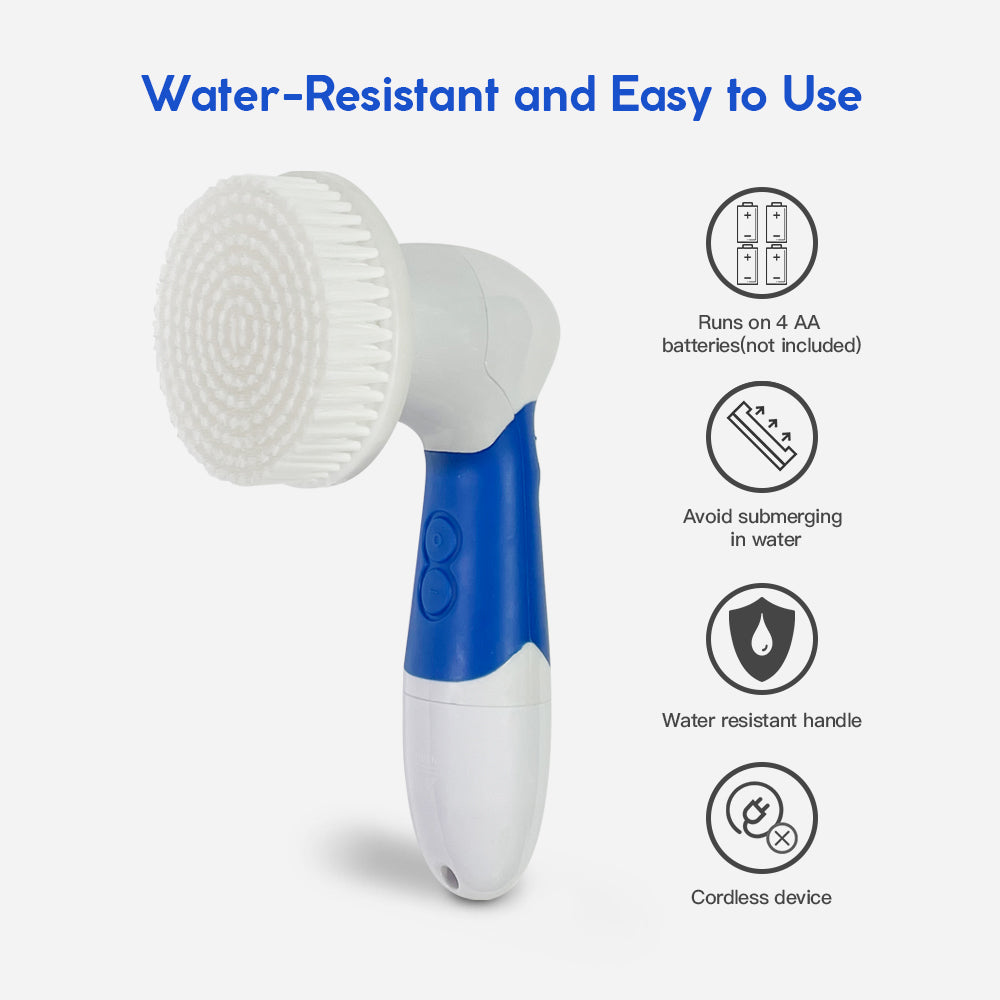 White and blue cleaning brush with features listed on a white background
