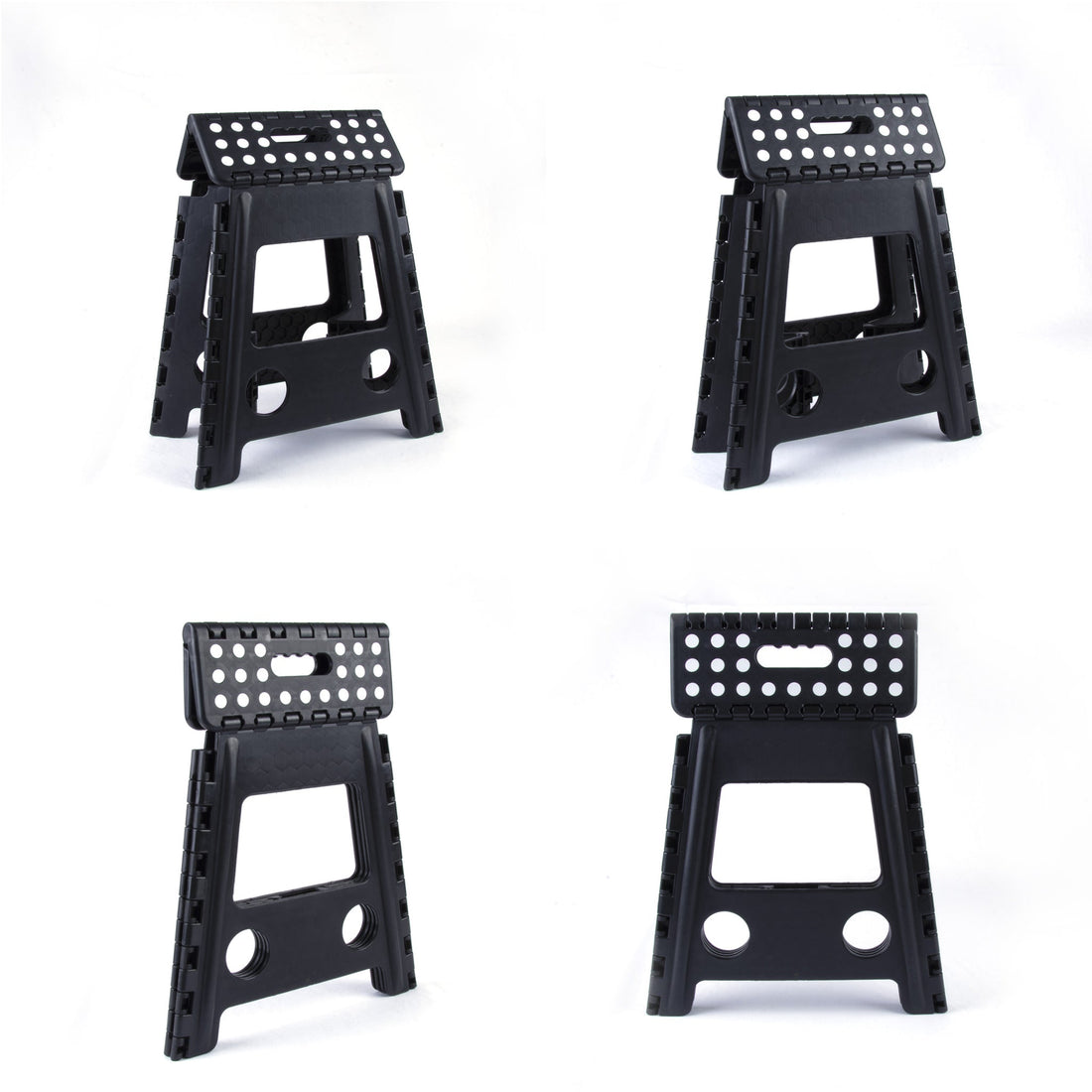 Four black folding stools on a white background