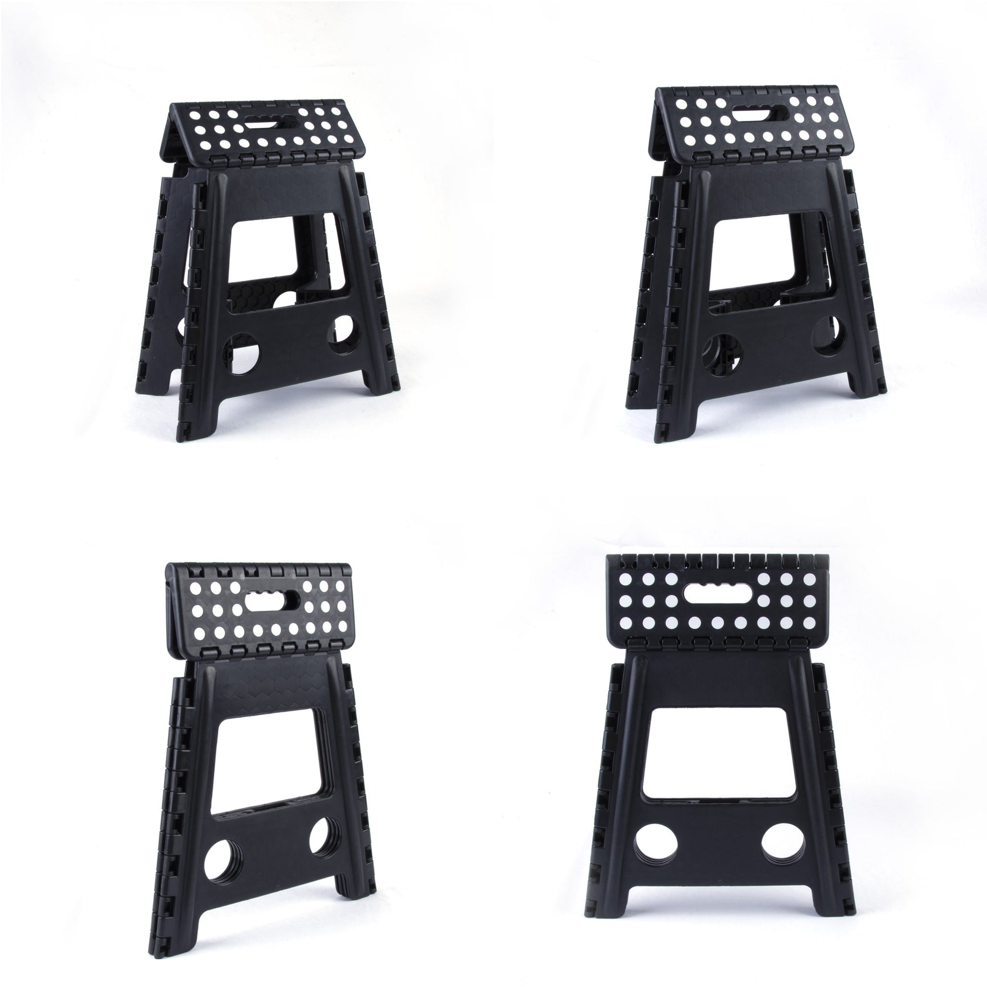 Four black folding stools on a white background