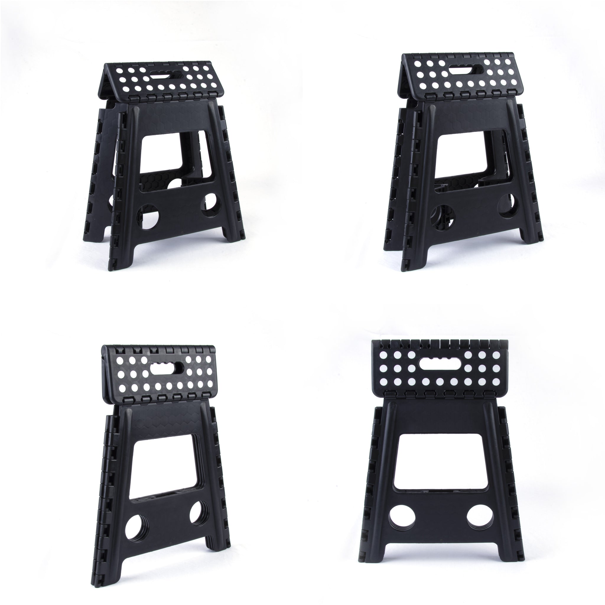 Four black folding stools on a white background