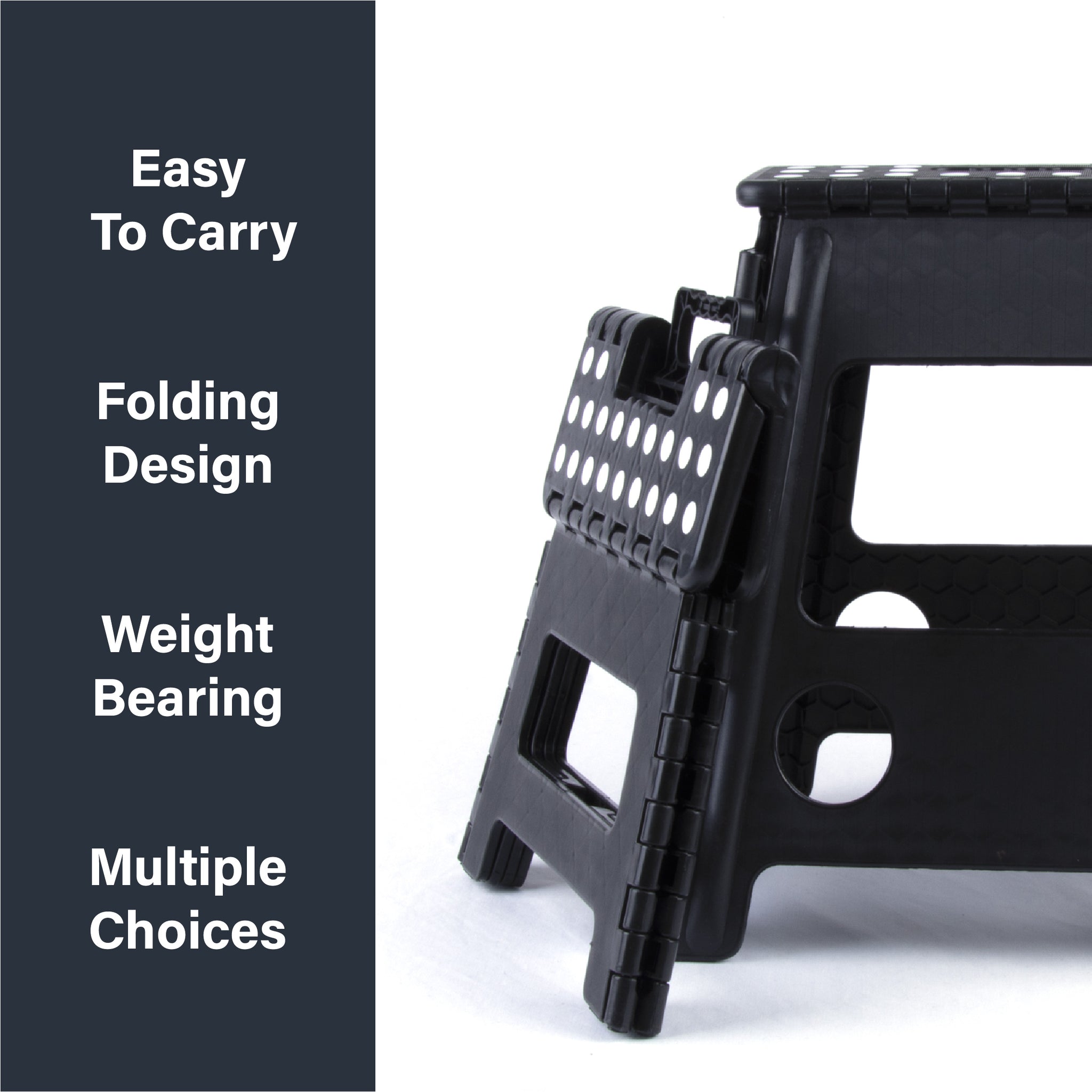 Black folding step stool with text on a white background